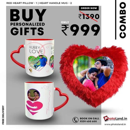 Couple combo gifts | Heart Pillow | Red Heart Handle Mug Pack Of 3 1