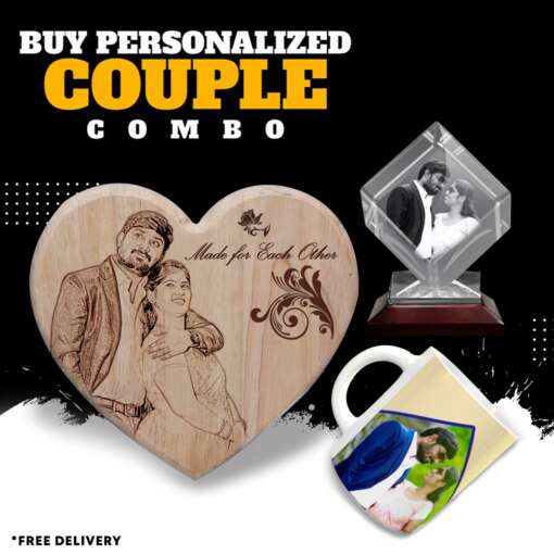 Wedding anniversary combo gifts | 3d crystal diamond | White mug | Wooden Photo Art pack of 3 1