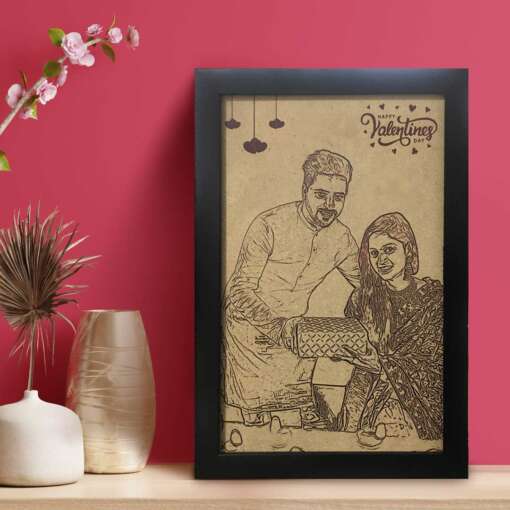 Personalized Photo Line Art on Wood with Frame | Wooden Gifts | Happy Valentine's Day Design 1 1