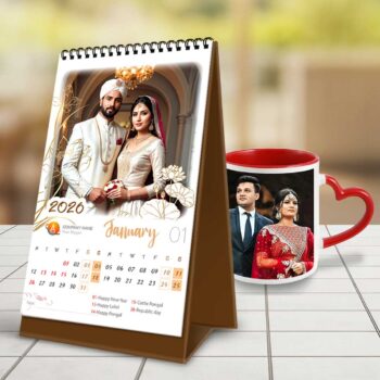 Custom Wedding Gifts Combo – Desktop Calendar  (6x4 in) and Heart Handle Mug | Pack of 2