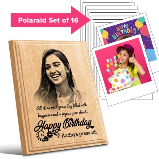 Best Birthday gifts | Personalized Wooden Engraving 5x4in with 16 Polaroid Prints | Birthday Combo gifts | Pack of 2